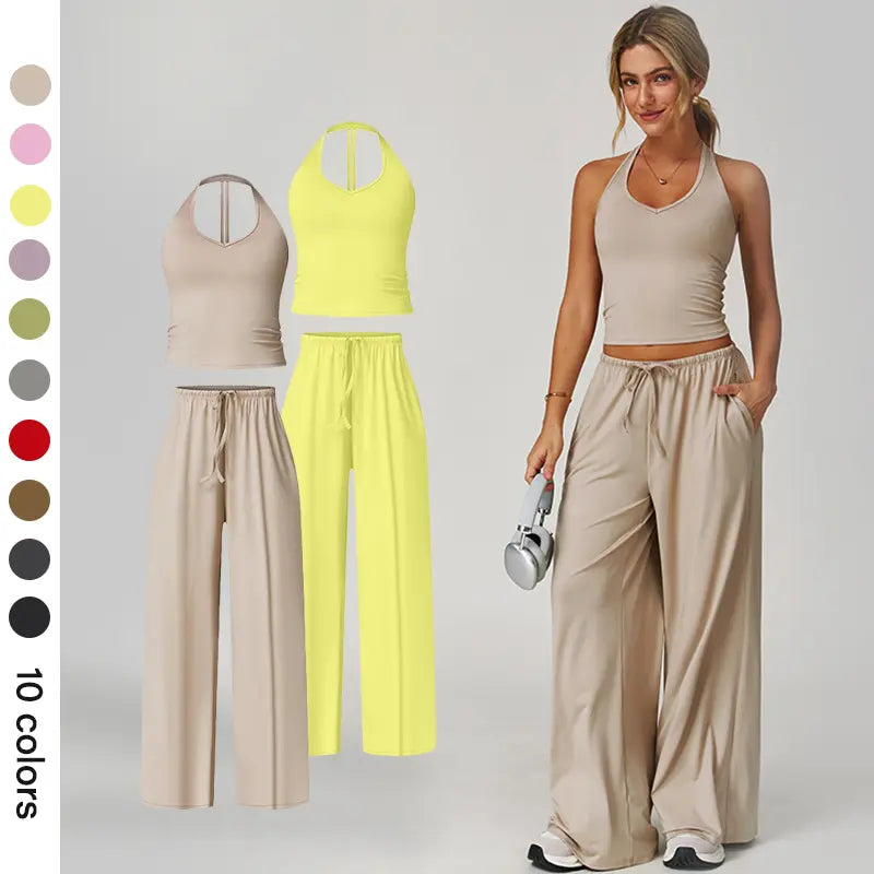 NVWA Women's Summer V Neck Top & Wide Leg Pants Set