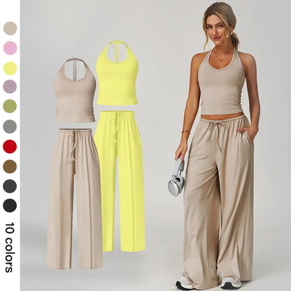 NVWA Women's Summer V Neck Top & Wide Leg Pants Set