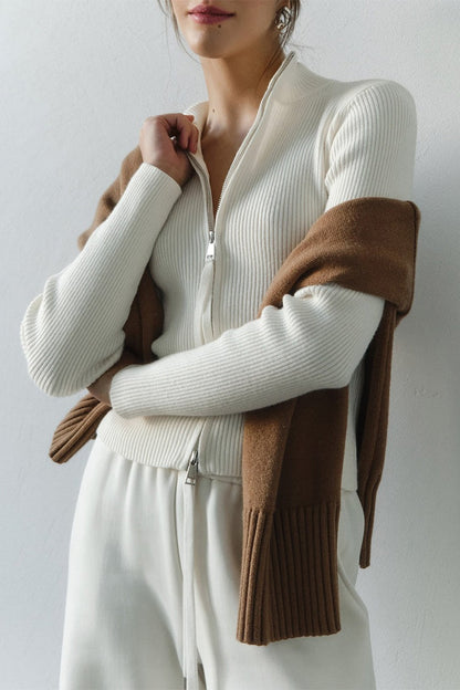 Knit Double Zipper Stand Collar  Blouse