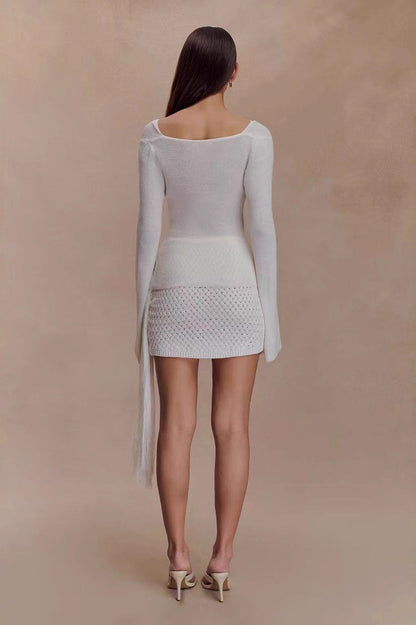 Sexy Slim-Fit Waist-Cinched Lace-Knit U-Neck Sweater