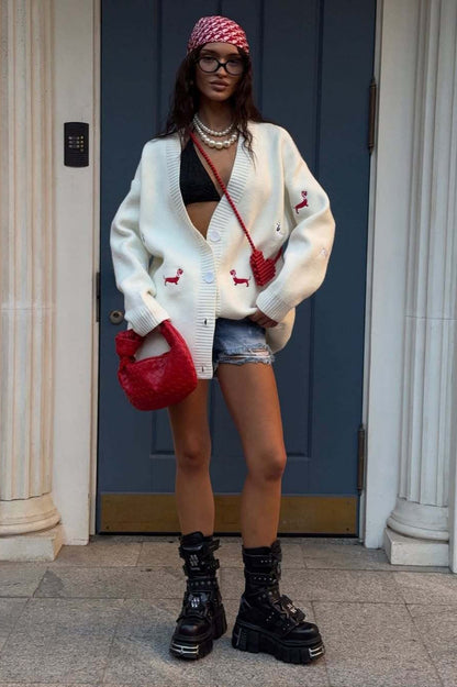 V-Neck Embroidered Cardigan Sweater