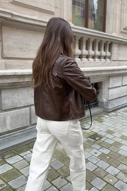Faux Leather Fleece Collar Jacket