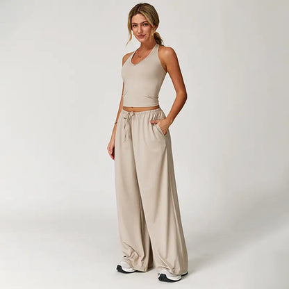 NVWA Women's Summer V Neck Top & Wide Leg Pants Set