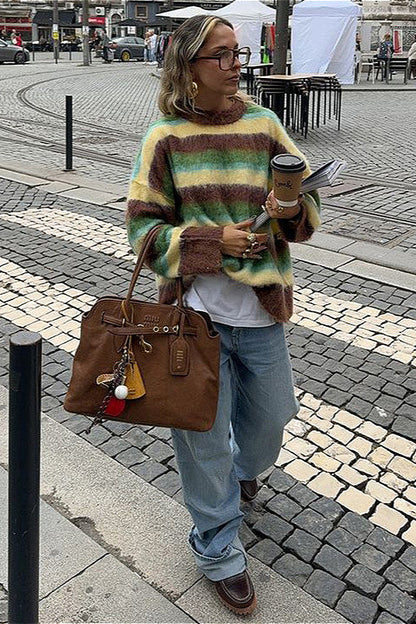 Slouchy Colorful Striped Crewneck Loose Knit Sweater