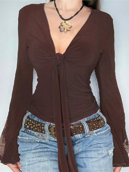 Vintage V Neck Printed Long Sleeve Long Sleeve Tee