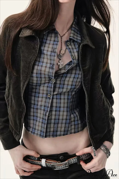 Plaid Long-Sleeve Back Bow-Tie Waist-Slim Blouse