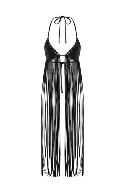 Here We Go PU Fringe Top Black