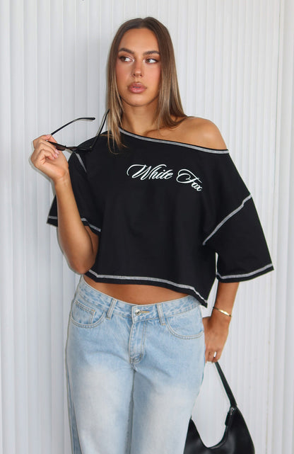 Need More Time Off Shoulder Oversized Tee Black
